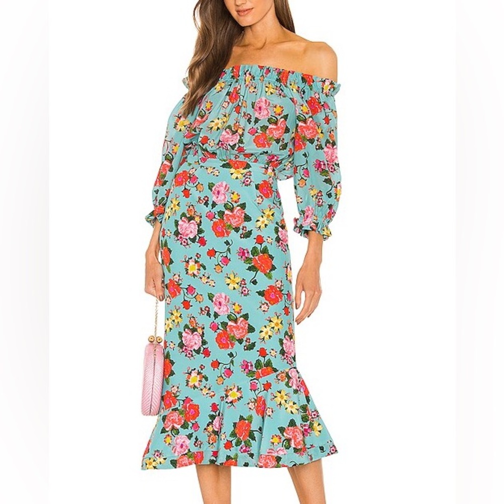 Saloni Grace Silk Crepe de Chine Midi Dress Azure Dahlia US 10